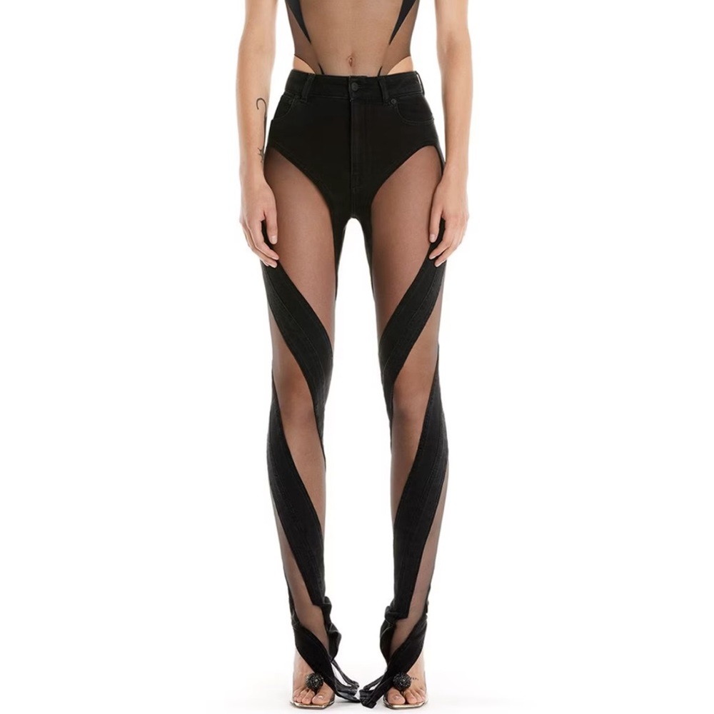 NEW MUGLER Contrast Tulle & Denim Fitted Jeans - Black